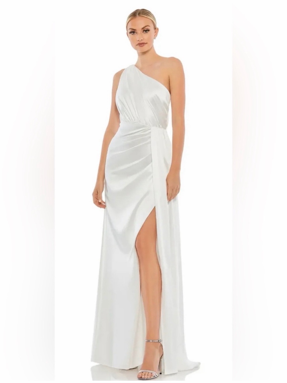 Mac Duggal One-Shoulder White Satin Gown
